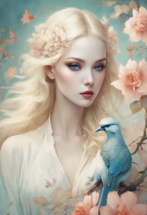 blond woman with blue eyes and a bird in a floral background, exquisite digital illustration, stunning digital illustration, beautiful digital illustration, in style of anna dittmann, anna dittmann alberto vargas, inspired by Hsiao-Ron Cheng, natalie shau ...