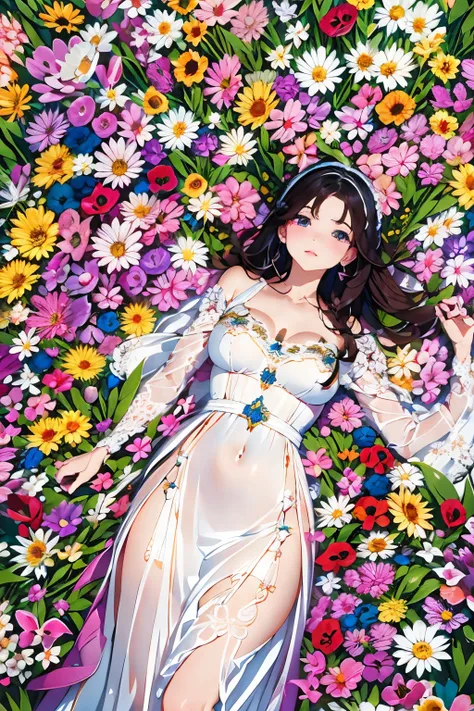 silence、parfect anatomy、one girls、Very delicate and beautiful woman、Longhaire、Natural look、lying in a beautiful flower field、、colorful flower、florals々、Lying on your back、White luxury dress:1.3、artistic、top-quality、ultra-detailliert、masuter piece、８ｋ、Capture...