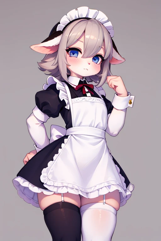 femboy sheep with white wool, a maid dress and thigh highs