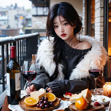 there is a woman sitting at a table with a plate of food and wine, Mulher sul-coreana bonita, comer fora, she holds a glass of wine, Mulher coreana, menina coreana, Menina chinesa, Modelo de moda feminina coreana, Mulher chinesa, Sha Xi, Sakimichan, linda ...