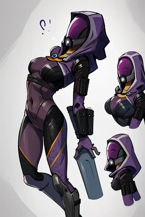 tali, 1girl, solo, hood, purple bodysuit, mask, (helmet, faceless), hood up, alien, inside