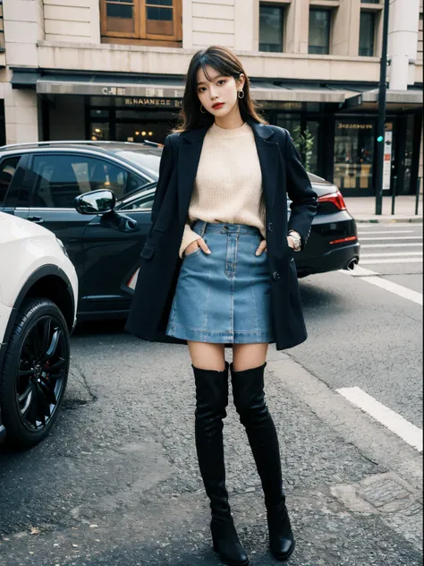 Best quality,tmasterpiece,超高分辨率,(actual:1.4),RAW photos,hyper HD，8K，There  one girl，Stylish clothes,Chanel style，Stylish skinny suit, wearing jacket and skirt,high-class fashion，ellegance, short skirt and a long jacket, tigh-high boots，Over-the-knee boots，...