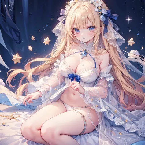 女の子1人、starry sky and big breasts、、cleavage of the breast、star eyes、pale blonde soft long hair、white lace dress with sparkling stars、Large ribbon、Big Star、Star brooch、collect stars、lace cape、Lace veil、Navel Ejection、Stargirl、star princess、A smile、Im not wea...