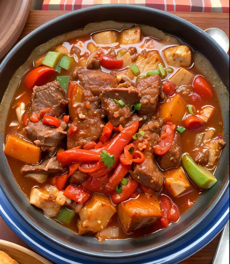 There  a bowl of beef，There  meat and vegetables inside, Casserole，red soup，chili pepper，Glossy，Delicious，Spicy