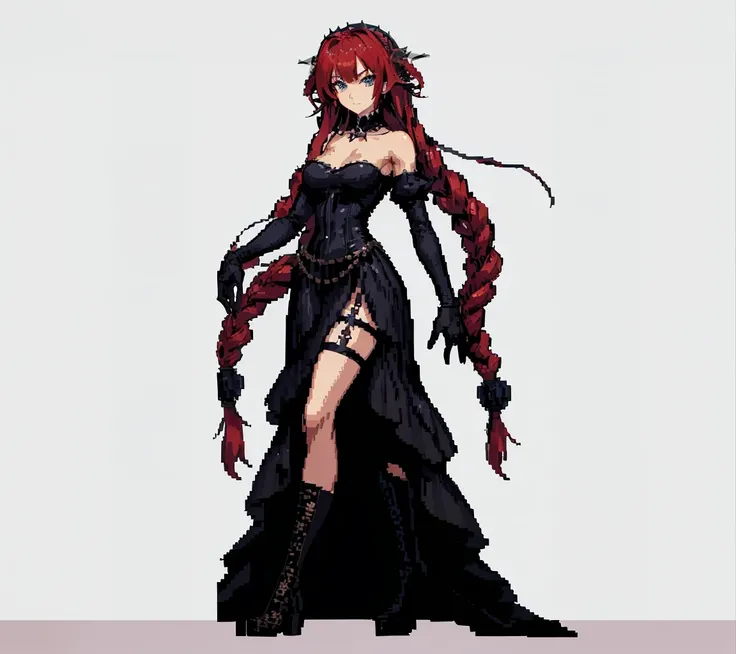 uma mulher de vestido preto, cabelo ruivo e saia longa, Rias Gremory, sprite visual novel, gothic maiden anime girl, Garota Anime usando um vestido preto, Lilith, Sprite de corpo inteiro, Feito em fabricante de RPG, ligeiramente pixelado, Pose de corpo int...