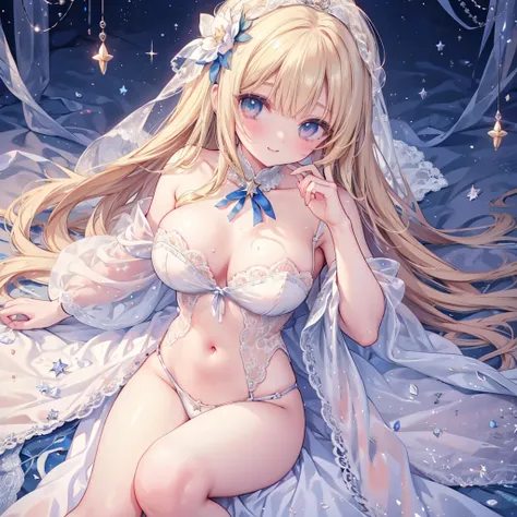 女の子1人、starry sky and big breasts、、cleavage of the breast、star eyes、pale blonde soft long hair、white lace dress with sparkling stars、Large ribbon、Big Star、Star brooch、collect stars、lace cape、Lace veil、Navel Ejection、Stargirl、star princess、A smile、Im not wea...