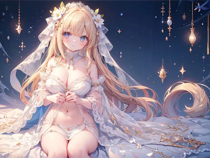 女の子1人、starry sky and big breasts、、cleavage of the breast、star eyes、pale blonde soft long hair、white lace dress with sparkling stars、Large ribbon、Big Star、Star brooch、collect stars、lace cape、Lace veil、Navel Ejection、Stargirl、star princess、A smile、Im not wea...