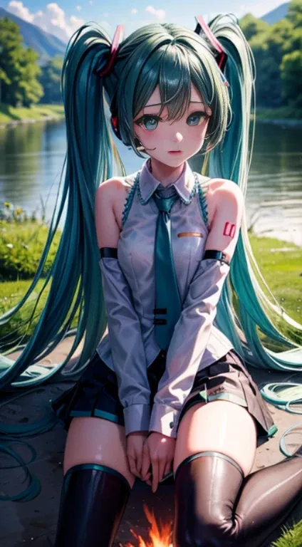 ​masterpiece、Top image quality、超A high resolution、NSFW、miku hatsune、campsite，Tent on background，bonfire、plein air、Mori Girl、You can see the river in the background、perspiring、Face、Smaller chest、Pubic hair shows through、pissing、