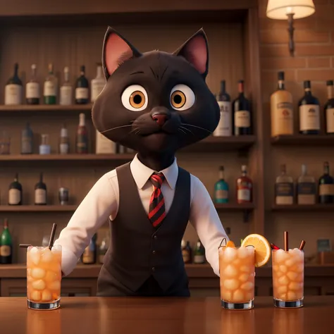 Black cat in suit bartending drinks，cocktails