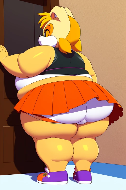 ((cel shading)), ((full body)), ((art by roxas617)), Cream the rabbit, loli, solo, (morbidly obese):2, (very fat face):2, (double chin):2, huge belly, wide hips, huge butt, crop top, orange skirt, ((back view)), upskirt shot, white panties,