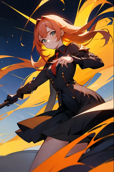 menina anime, corpo, seios grandes, hero pose, Trilho Estilo Honkai Star, cabelos ruivos, long hair, Smiling while angry, Vestindo vermelho, camisa vermelha e preta, Camisa apertada, Atirando com uma arma AK-47, ardente, menina anime poderoso, space statio...