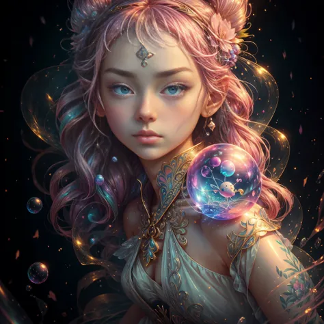 ((masutepiece)). This artwork is dreamy and fantastic, Soft pink watercolor shades. Generate a delicate fairy exploring the world of bubblegum in different pastel colors. Her sweet face is very detailed, realistic and elegant, And looks like ((yael shelbia...