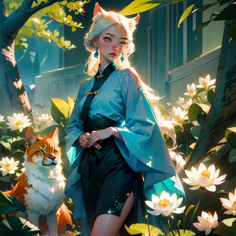 ((4k,masterpiece,best quality)), shuimobysim, Traditional chinese painting, lotuses, Hanfu, maxiskit, dress conservatively 1 girl, 独奏, whaite hair, long whitr hair, fox ear, white colors, 比基尼, The fish, Many fish are close to the girl, looking at viewert, ...