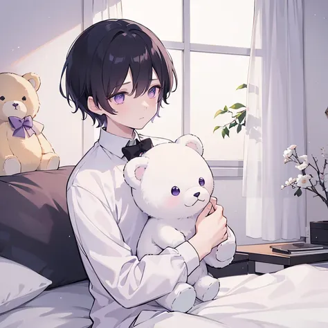 A boy holding a white teddy bear, short black fluffy hair with pale purple eyes who has sad expression, high quality, high resolution, advanced details, background: in bedroom, ANIME STYLE , soft style, cute, MALE