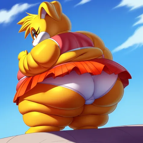 ((cel shading)), ((full body)), ((art by roxas617)), Cream the rabbit, loli, 6 year old girl, solo, (morbidly obese):2, (very fat face):2, (double chin):2, huge belly, wide hips, huge butt, crop top, orange skirt, skirt riding up, ((back view)), upskirt sh...