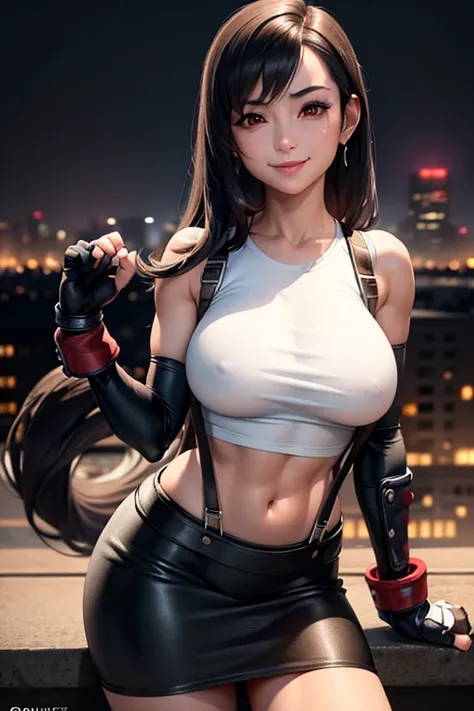 masterpiece, best quality, defTifa, white crop top, elbow pad, fingerless gloves, suspenders, pencil skirt, upper body, looking at viewer, leaning forward, smile, bar, city at night