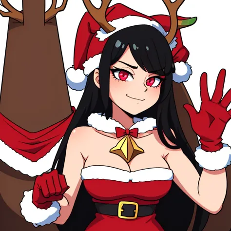 Girl with black hair and pink eyes, Christmas hat with reindeer antlers, red Christmas dress and white gloves, is posing with one hand on her chin and winking