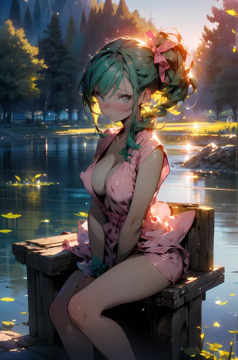 (Petanko sitting、soak up to your waist in the lake、One side up、Facing the front、Looking at the camera)、Angle from top、(cute girl in a pink dress)、smooth translucent white skin、Light pink dress、(extremely details CG、Unity、8K Wallpapers)、(extremely delicate ...