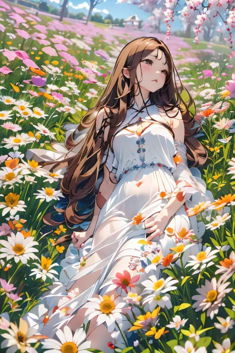 Silence、parfect anatomy、one girls、Very delicate and beautiful woman、Longhaire、Natural look、Keep your mouth shut、lying in a beautiful flower field、、colorful flower、florals々、Lying on your back、pure white luxury dress:1.3、artistic、top-quality、ultra-detaillier...