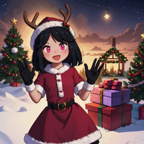 girl with black hair and pink eyes, christmas hat with reindeer antlers, red christmas dress and white gloves, is posing with on...