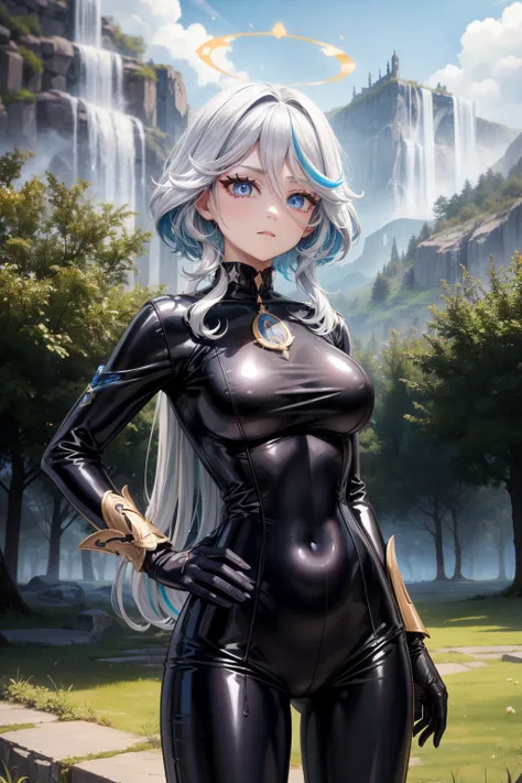 tmasterpiece, Best quality, Outdoor sports, venue, at a forest, grassy, the eye of the universe,Long gray hair,hair covering one eye,((Gradient hair)),Multicolored eyes, Gradient eyes， eyeslashes, , Latex concept, 1 sister, Alone, looking at viewert, upper...