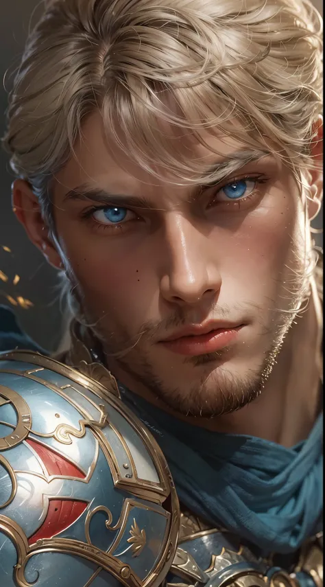 Masterpiece, young male warrior in the Crusades, handsome, big muscles, short golden hair, blue eyes, nude, silver armor stamped with a red cross, sword, sexy, Christian Church