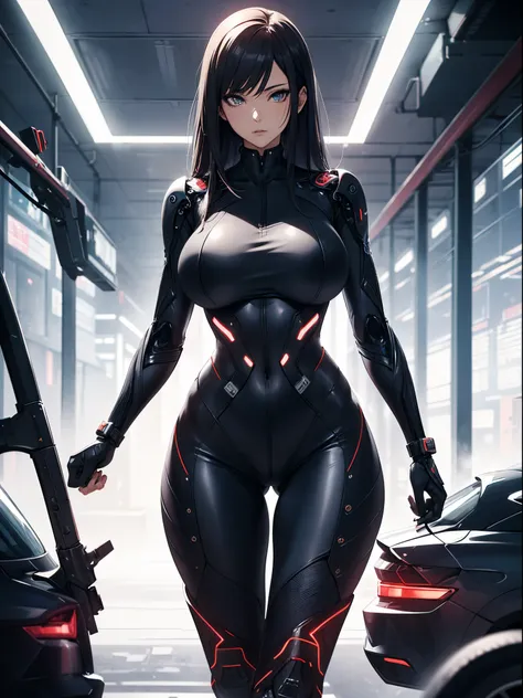 1 woman, woman in a futuristic suit posing for a picture, oppai cyberpunk, biomechanical oppai, highly detailed face, large boobs, emo, cool, tomboy, aggressive woman, stunning eyes, natural hair, flowing hair, detailed lighting, dynamic angle, (extreme sh...