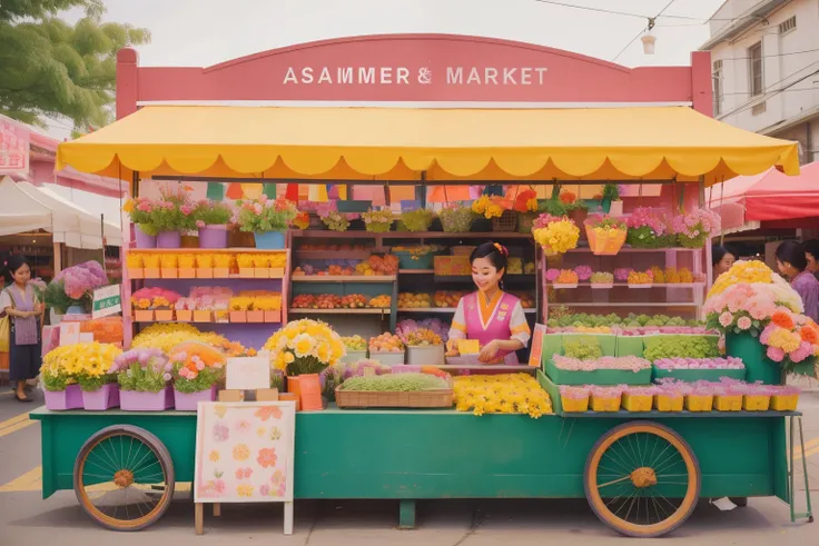 Setting: Daytime Colorful Farmers Market Stall with an Asian Florist.
*Description: An Asian florist, adorned in vibrant attire, arranges a display of whimsical flowers at a bustling farmers market. The scene is filled with bright colors, capturing the liv...