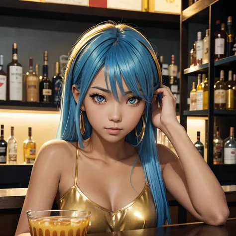 Anime girl in bar with tan skin, gradient blue hair, and gold eyes drinking