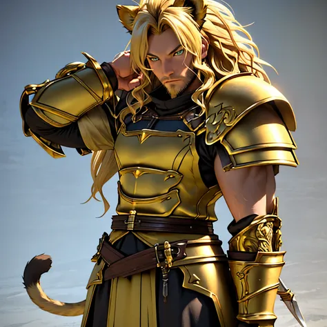 Fantasy armor, One male, lion ears, long hair, blond, blond hair, green eyes, tall, muscular, beautiful face, highest quality, masterpiece, 3d, anime, perfect face, highest detail, feline eyes, stubble, lion tail, wavy hair, full body shot, detailed face, ...