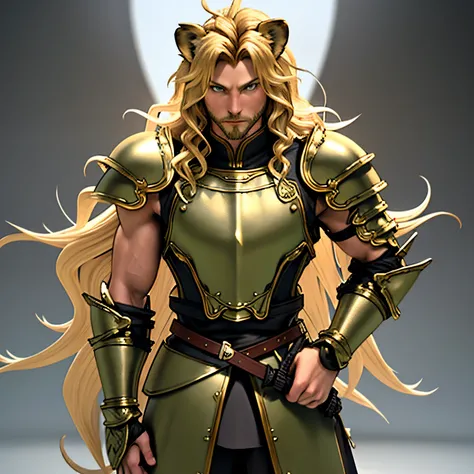 Fantasy armor, One male, lion ears, long hair, blond, blond hair, green eyes, tall, muscular, beautiful face, highest quality, masterpiece, 3d, anime, perfect face, highest detail, feline eyes, stubble, lion tail, wavy hair, full body shot, detailed face, ...