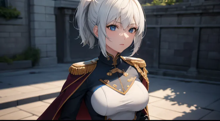 (extremely detailed CG unity 8k wallpaper), (masterpiece), (best quality), (ultra-detailed), (best illustration), (best shadow), (absurdres), 2, 1girl, short hair, short ponytail, normal size boobs, white hair, blindfold solo, Intimidating women, admiral u...