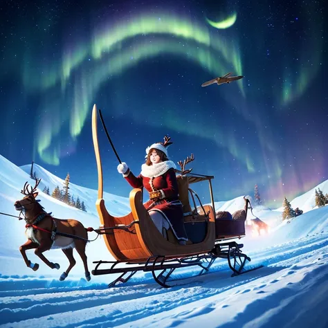 A female Santa Claus rides a sleigh pulled by reindeer　Fly in the winter night sky with aurora and starry sky。Below is、I can see the cityscape　high-level image quality　Illustration style　Fantasy style