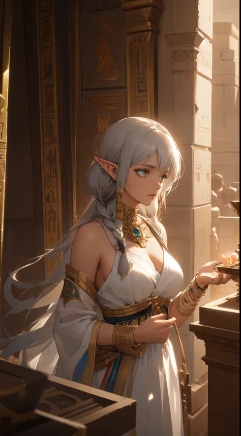 ((best quality, 8k, masterpiece :1.3)), young elf woman,  bangs, sidelock, braid, silver hair, bright eyes, egypt concept, egypt...