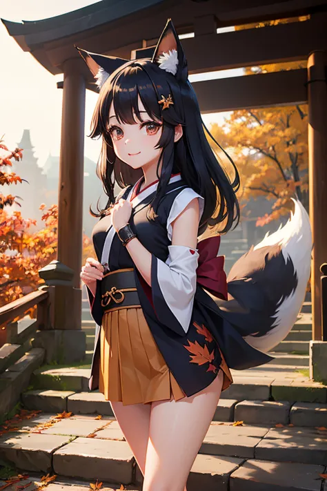 1girl in、A dark-haired、Fox ears、Kimono、shortsleeves、torii in the background、stone stairs、autumnal、Colored leaves、a miniskirt、Arms Exposed、Thigh exposure、sleeveless、ssmile、