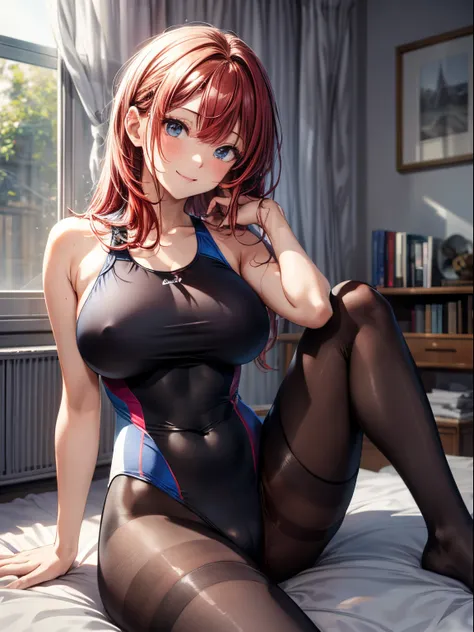 top-quality、Full limbs、complete fingers、Slender beauty、Women with straight hair、((Red-haired woman))、Women with medium hair、(Beautiful busty woman:1.3)、(Black competitive swimsuit with red lines)、(Brown pantyhose)、Naughty Poses、bedroom、a bed、suggestive pos...