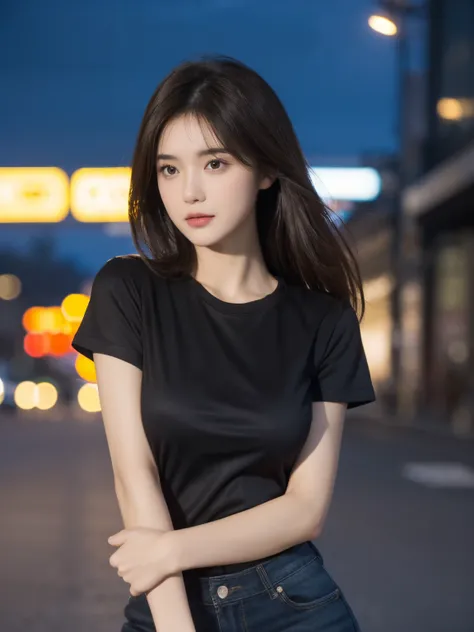 (Best quality at best, A high resolution, tmasterpiece :1.3), one pretty woman, long slim figure, dark brown  hair, tee shirt, (City streets at night), Highly Detailed Face and Skin Textur, A detailed eye, 二重まぶた