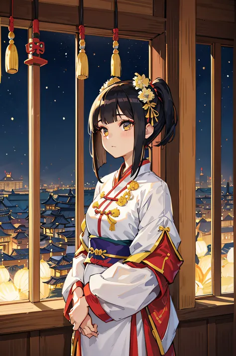 one-girl, ancient Chinese costume, Clear face, ((hime haircut))，Personalized HD makeup，tmasterpiece, super detailing, Epic work, hyper HD, high high quality, offcial art, Unity8k wallpaper, super detailing, 32K，Stand in a room with a window，Hair gradient+h...