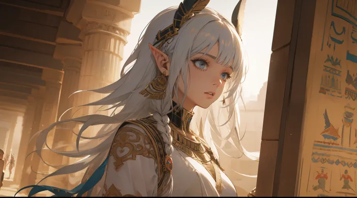 ((best quality, 8k, masterpiece :1.3)), young elf woman,  bangs, sidelock, braid, silver hair, bright eyes, egypt concept, egypt...