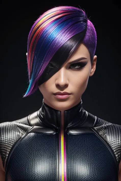 4k highly detailed realistic female supervillain dressed in cropped carbon fiber, rainbow hair in a short undercut bob hairstyle, hair covering one eye, ((sharp Jawline)), (full body Including Legs), Seduction and fantastic poses