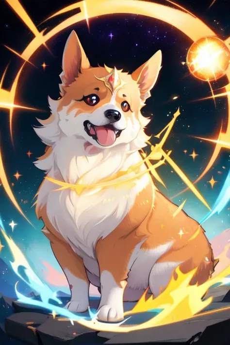 Welsh Corgi, glowing effect, ornate sparkles, dynamic, centered, sharp focus, beautiful detailed, face very realistic, Game Art, hyper detailed, raytrace, Trend on artstation, moon