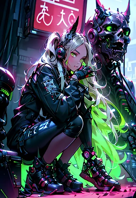 a Nekomata catgirl, solo, white ((twintail hair)), red iris (eyes), slender body, slender hips, Thicc thighs, big breasts, nipple contours, wearing full black ((heavy cyberpunk armor)) with red lighting, (black tech jacket)), white cat ears, white cat tail...