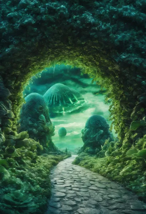 Snowy road close-up，green flower, tunnel to winter, Portal made of green roses, In the green dream world, Surreal green flowers blooming, snow cave, The smell of green flowers floats in the air, magical green flower, by Anna Haifesch, very magical and drea...