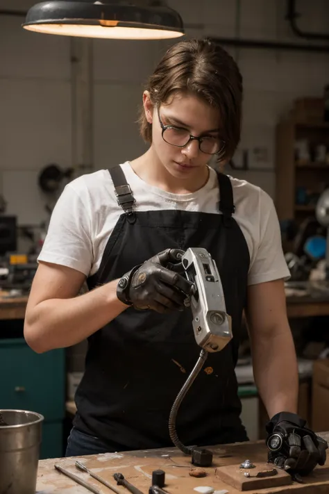 Absurd resolution, high resolution, (masterpiece: 1.4), hyper-detail, young man messy black short hair glasses welder dressed up, very technological robotic arm workbench