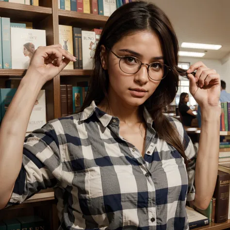 library, one woman, latina beauty, flannel shirt, bunny hair-clip, spectacles, hyperrealistic, beautiful, realistic beauty,