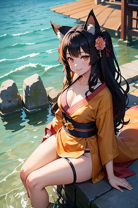 1girl in、A dark-haired、Fox ears、The bikini(Japanese pattern)、torii in the background、stone stairs、autumnal、Colored leaves、ssmile、Wearing a kimono、Sit by the water、