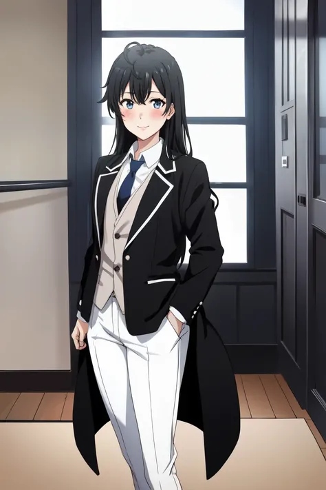 yukinoshita_yukino, 1girl, ahoge, black hair ,(Masterpiece, Best Quality), (Fine Beautiful Eyes), (highres) , Yukinoshita yukino , woman in formal attractive suit tuxedo tailcoat standing in a large alcove in the room, 1girl, solo, necktie, black hair, blu...