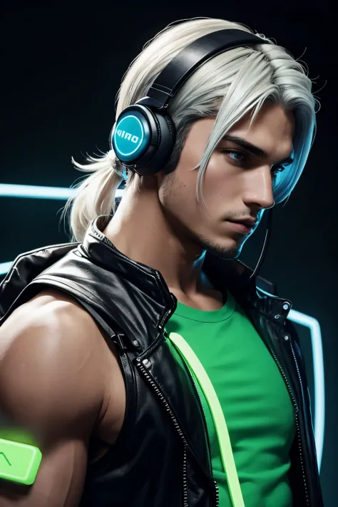 hot boy wearing headphone on neon bg and need side loooks