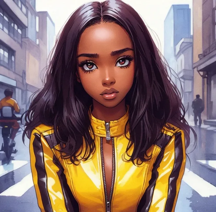 Pretty Dark skin woman , big brown eyes, small breasts, wearing a yellow biker jumpsuit, cinematic scene,