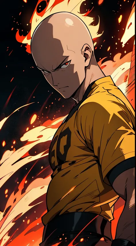 Get ready for a visual feast with Saitamas relaxed, handsome face and piercing red eyes. wear t-shirt. In his transformed state, he radiates extreme instinct and power, creating an epic film about this energetic man. See how he manipulates fire and lava in...